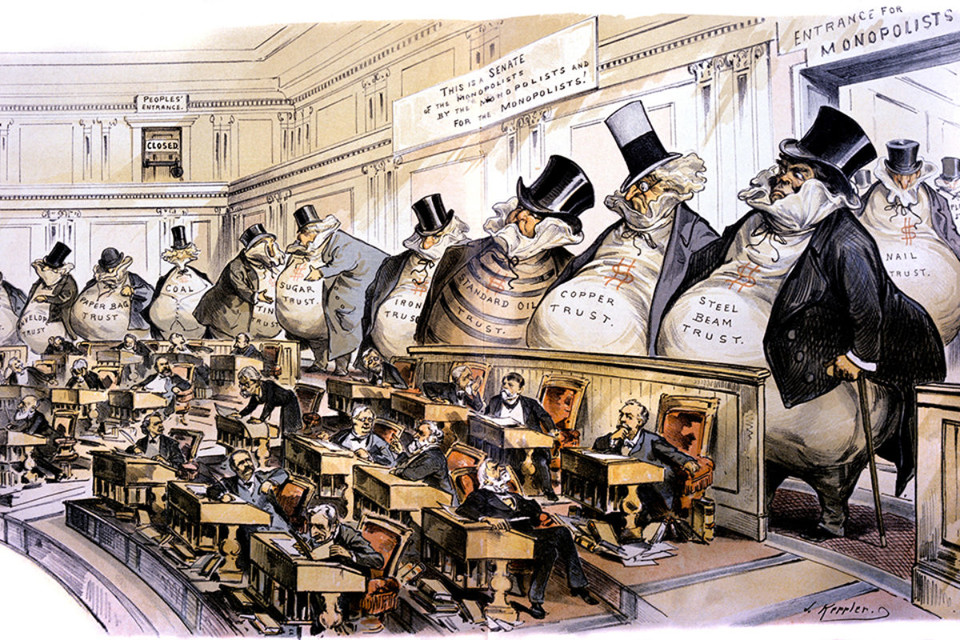 미국의 풍자 만화가 조셉 케플러가 그린 미국 트러스트(기업합동) 비판 풍자화. 사진=조셉 케플러