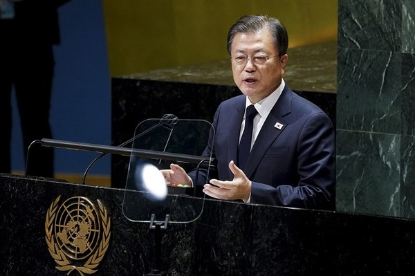 문재인 대통령이 21일(현지시각) 미국 뉴욕 유엔 총회장에서 기조연설을 하고 있다. 사진=시사주간 DB