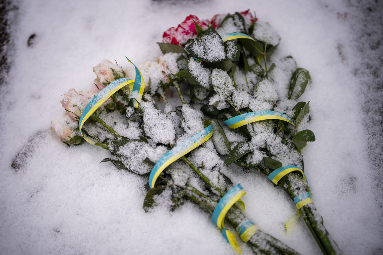 지난 7일(현지시간) 우크라이나 르비우 공동묘지에 있는 우크라이나 군인의 무덤에 놓인 꽃에 눈이 덮여 있다. 르비우=AP