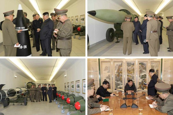 각종 핵무기들을 둘러보고 있는 김정은 국무위원장. 사진=트위터