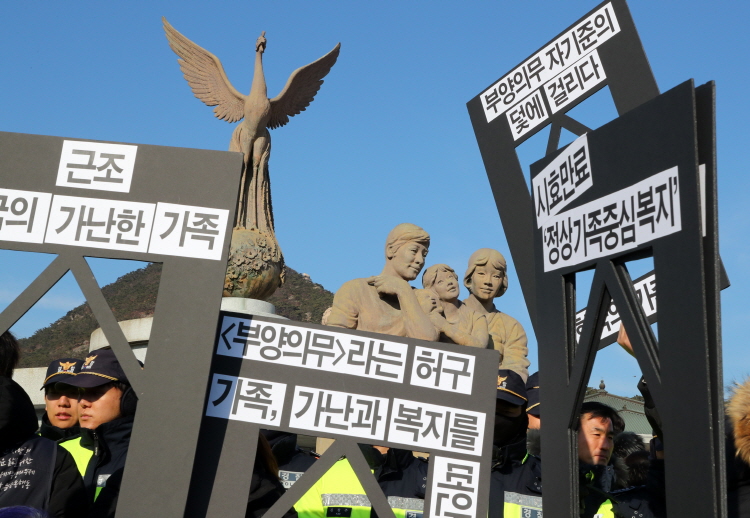 지난해 12월 시민단체들이 청와대 분수대 가족동상 앞에서 부양의무자기준 완전 폐지를 요구하는 집회를 열었다. 사진=뉴시스