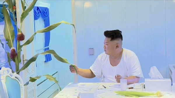 김정은 위원장이 특별열차 집무실에서 옥수수잎을 만져보고 있다. 사진=웨이보
